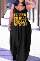Black Yellow Casual Print Patchwork Spaghetti Strap Lantern Skirt Plus Size Dresses