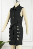Black Casual Solid Ripped Patchwork Buckle Turndown Collar Sleeveless High Waist Regular Denim Dresses