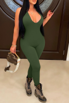 Army Green Sexy Solid Patchwork Halter Skinny Jumpsuits