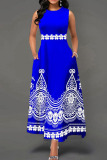 Tibetan Blue Sweet Elegant Print Patchwork O Neck A Line Dresses