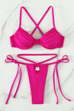 Rose Red Sexy Solid Bandage Patchwork Swimwears