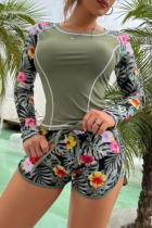 Army Green Casual Print Patchwork Swimwears