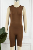 Brown Casual Solid Basic O Neck Skinny Romper