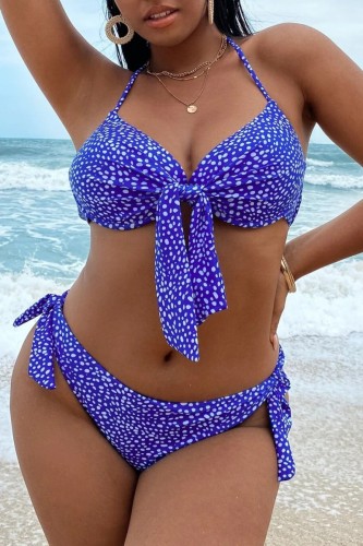 Blue Sexy Print Bandage Backless Halter Plus Size Swimwear (With Paddings)
