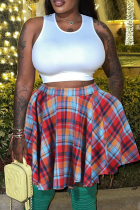 Red Blue Street Plaid Slit O Neck Sleeveless Two Pieces