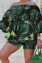 Black Green Casual Print Patchwork Off the Shoulder Long Sleeve Two Pieces