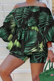 Khaki Casual Print Patchwork Off the Shoulder Long Sleeve Two Pieces