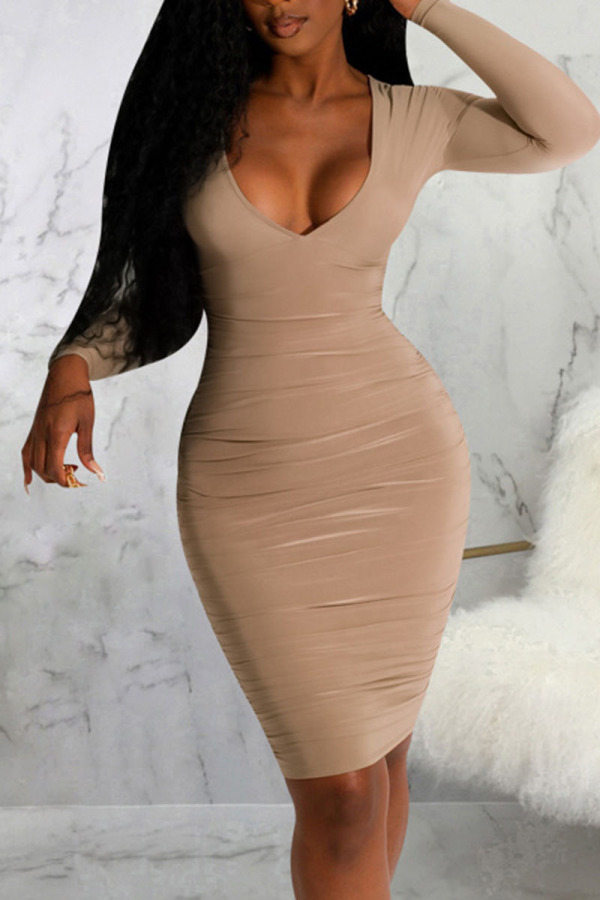 Khaki Sexy Solid Patchwork V Neck Pencil Skirt Dresses