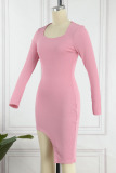 Pink Casual Solid Patchwork Asymmetrical Square Collar Pencil Skirt Dresses
