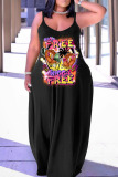 Black Casual Print Patchwork Spaghetti Strap Lantern Skirt Plus Size Dresses