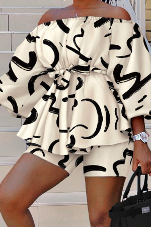 Khaki Casual Print Patchwork Off the Shoulder Long Sleeve Two Pieces