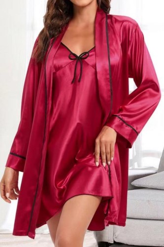 Burgundy Sexy Living Solid Patchwork Suspender Nightdress Set