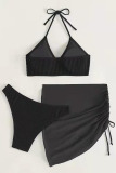 Black Sexy Solid Patchwork Draw String Fold Swimwears