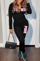 Black Casual Print Letter Hooded Collar Long Sleeve Two Pieces