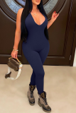 Color Blue Sexy Solid Patchwork Halter Skinny Jumpsuits