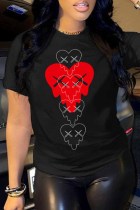 Black Casual Print Patchwork O Neck T-Shirts
