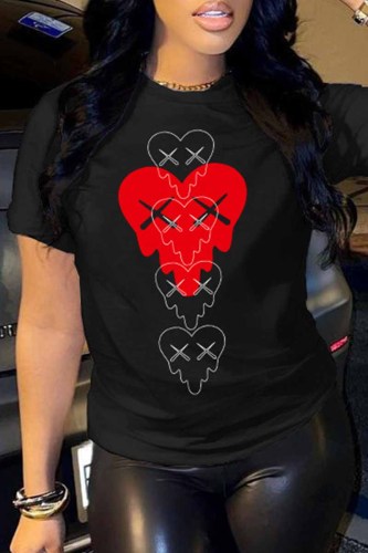 Black Casual Print Patchwork O Neck T-Shirts