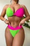 Green Sexy Patchwork Backless Contrast Swimwears (With Paddings)