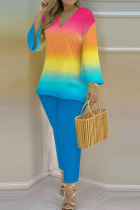 Colour Casual Print Patchwork V Neck Long Sleeve Two Pieces