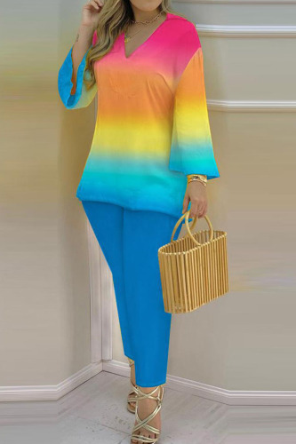 Colour Casual Print Patchwork V Neck Long Sleeve Two Pieces