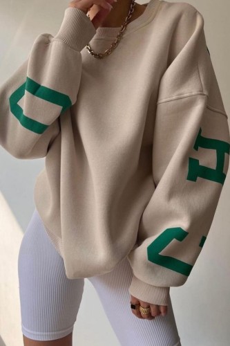 Khaki Casual Letter Print Basic O Neck Tops