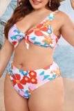 Multicolor Sexy Print Backless V Neck Plus Size Swimwear (With Paddings)