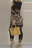 Black Casual Print Patchwork V Neck Long Sleeve Two Pieces