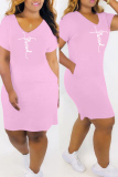 Pink Fashion Casual Print Basic V Neck Short Sleeve Dress
