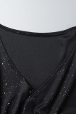 Black Sexy Patchwork Sequins See-through V Neck Long Sleeve Dresses
