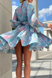 Sky Blue Elegant College Print Printing Turtleneck Princess Dresses