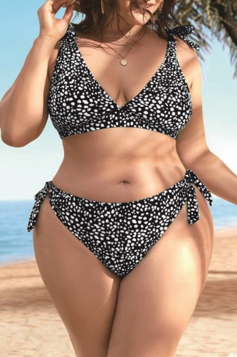 Black Sexy Print Bandage Backless V Neck Plus Size Swimwear (With Paddings)