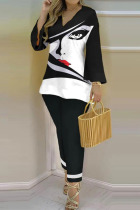Black Red Casual Print Patchwork V Neck Long Sleeve Two Pieces