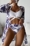 White Blue Sexy Print Patchwork Swimsuit Three Piece Set (With Paddings)