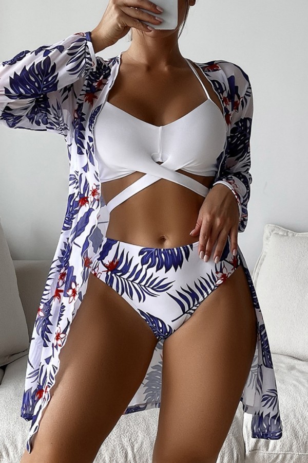 White Sexy Print Patchwork Swimsuit Three Piece Set (With Paddings)