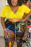 Yellow Casual Print Draw String See-through Printing Contrast V Neck Plus Size