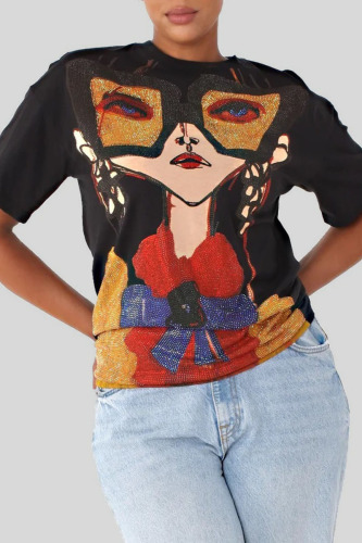 Black Casual Street Print Patchwork Hot Drill O Neck T-Shirts