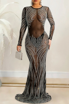 Black Sexy Hot Drilling Patchwork O Neck Trumpet Mermaid Dresses