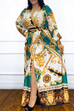 Green Casual Print Patchwork V Neck Long Sleeve Plus Size Dresses