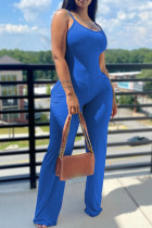 Blue Casual Solid Patchwork Spaghetti Strap Straight Jumpsuits