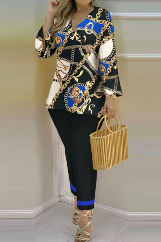 Blue Casual Print Patchwork V Neck Long Sleeve Two Pieces