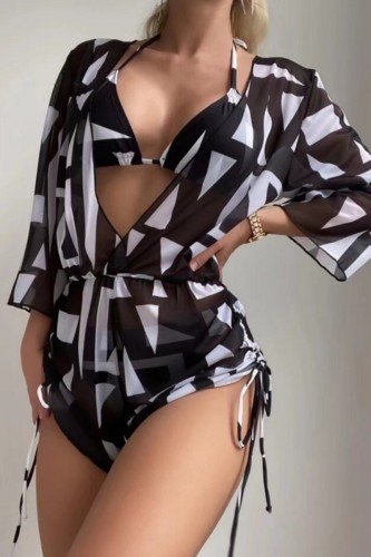 Black Sexy Print Bandage Swimsuit Three Piece Set (With Paddings)