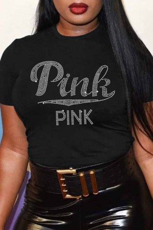 Black Casual Letter Hot Drill O Neck T-Shirts