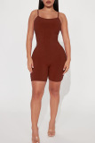 Brown Sexy Solid Patchwork Spaghetti Strap Skinny Rompers