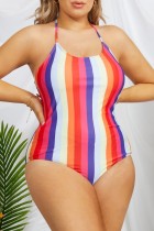 Multicolor Sexy Striped Print Bandage Backless Halter Plus Size Swimwear (With Paddings)