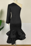 Black Elegant Solid Patchwork Flounce Fold Asymmetrical Oblique Collar Irregular Dress Plus Size Dresses