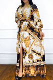 Red Casual Print Patchwork V Neck Long Sleeve Plus Size Dresses