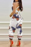 The cowboy blue Sexy Print Bandage Patchwork Backless Spaghetti Strap Regular Jumpsuits