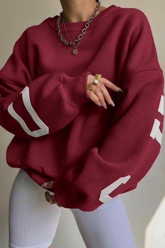Burgundy Casual Letter Print Basic O Neck Tops