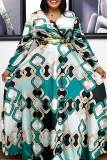 Khaki Casual Print Patchwork With Belt V Neck Printed Dress Plus Size Dresses