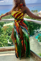 Green Sexy Casual Vacation Print High Opening Printing Strapless Beach Dresses
